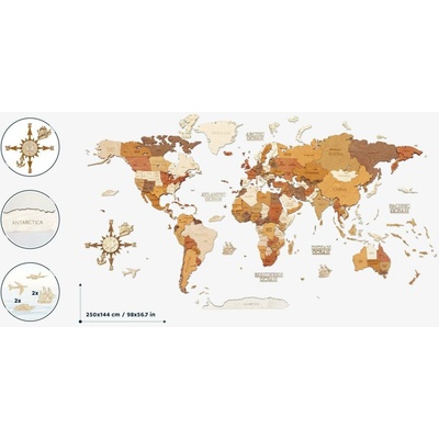 Nástenná drevená mapa sveta XXL - Adventurer - 250 x 144 cm
