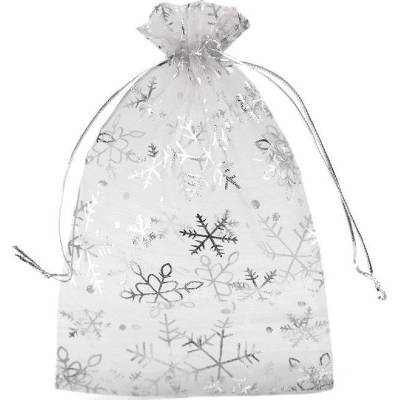 Vánoční dárkový pytlík vločky 13x18 cm organza - šedá nejsvětlejší stříbrná (10 ks)