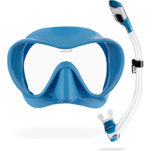 CRESSI Frameless Diving Mask F1 - Fog-free Glass Lens, Diving Goggles - Ergonomic Silicone Rim, Snorkel Mask - Dry Snorkel & Snorkel Set - Blue Metal - Combo Set - YDS280021 (YDS280021)