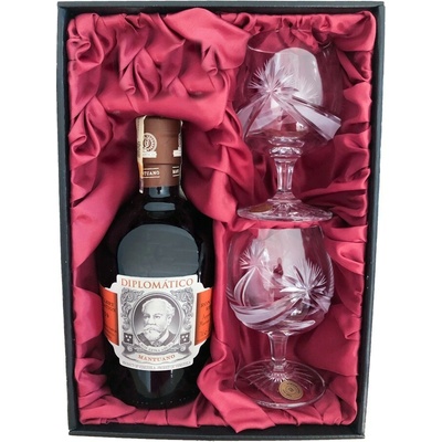 Bohemia Crystal BOHEMIA CRYSTAL Luxusní dárková sada rum Diplomático Mantuano 0,7 l + 2 ručně broušené sklenice brus Mašle 250 ml