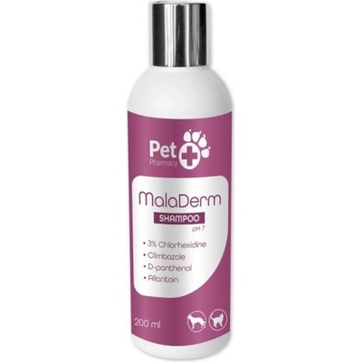 Vetfood MalaDerm Shampoo - шампоан за кучета и котки с хлорхексидин, климбазол, алантоин и пантенол за лечение на при кожни проблеми: гнойни възпаления, 200 мл - Полша