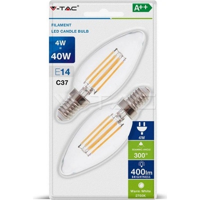 V-TAC, E14, 4W, 400lm, Filament, C37, číra 2ks blister teplá 2700K