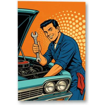 Plakát – Automechanik s klíčem u automobilu 90 × 135 cm Bez rámu Ne Bez rámu