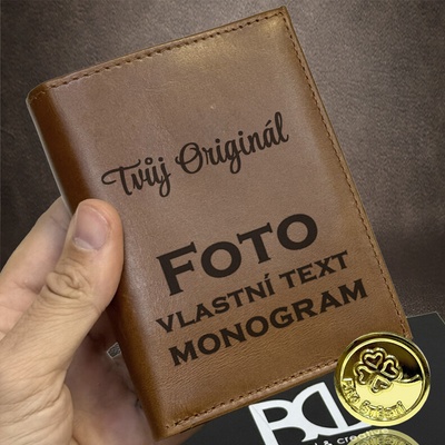 Pánská kožená peněženka na výšku Laserové gravírování text podpis nebo foto grafie foto vč. monogram u textu