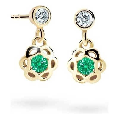 Danfil dětské náušnice kytičky C2179 ze žlutého zlata s kamínkem Emerald Green zapínání balónek