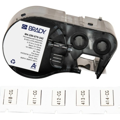 Brady M4-250-075-342 / 170720, 19.05 mm x 11.15 mm, Polyolefin, čierna tlač / biely podklad