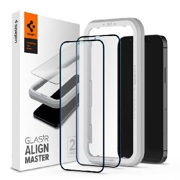 Spigen Glass tR ALM FC 2 Pack - 2 броя стъклени защитни покрития за дисплея за iPhone 12 Pro, iPhone 12 (черен-прозрачен)