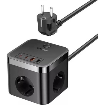 Baseus PowerCombo Cube Wall Power Strip With USB-C Hub 30W - разклонител с 3 изхода и вградени 1хUSB-C и 3хUSB-A изхода за мобилни устройства (черен)
