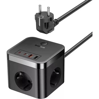 Baseus PowerCombo Cube Wall Power Strip With USB-C Hub 30W - разклонител с 3 изхода и вградени 1хUSB-C и 3хUSB-A изхода за мобилни устройства (черен)