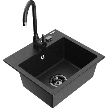 Mexen Milo гранитна кухненска мивка с 1 отделение и кухненски смесител Telma, черен/сребрист - 6505-73-670200-70-B (6505-73-670200-70-B)