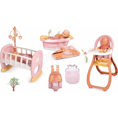 Smoby Set vanička s funkčnou sprchou a postieľkou Balneo Bath Soft Baby Nurse a jedálenská stolička so spacím vakom a klokankou