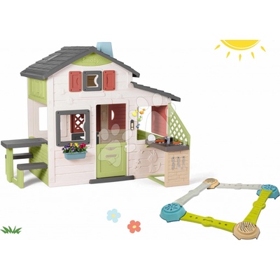 Smoby Set domček Priateľov a drevené lehátko Friends House Life rozšíriteľný s kuchynkou a stolíkom