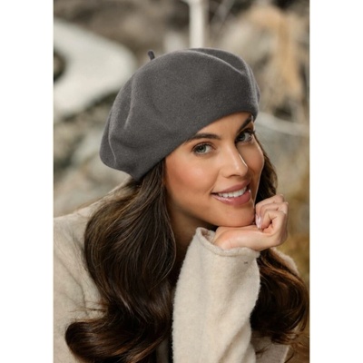 TONAK Tmavě šedý baret FLORA 100% vlna WOOLMARK