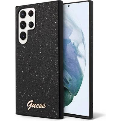 GUESS Glitter Flakes Metal Logo Case - хибриден удароустойчив кейс за Samsung Galaxy S23 Ultra (черен)
