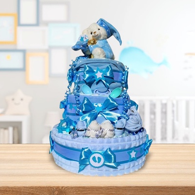 BabyDort třípatrový plenkový dort pro miminko modrý MEDVÍDEK S CHRASTÍTKEM – Sleviste.cz