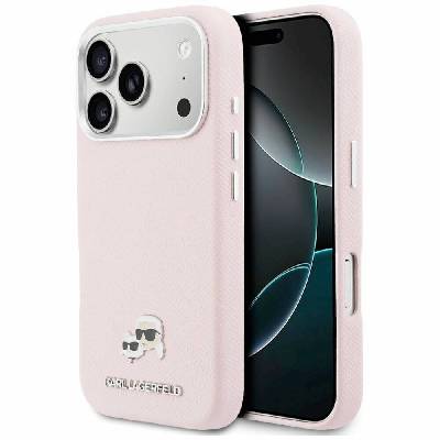 Дизайнерски кожен кейс с MagSafe за iPhone 17 Pro Max - Karl Lagerfeld PU Saffiano Karl and Choupette Heads Pins MagSafe Case (розов)