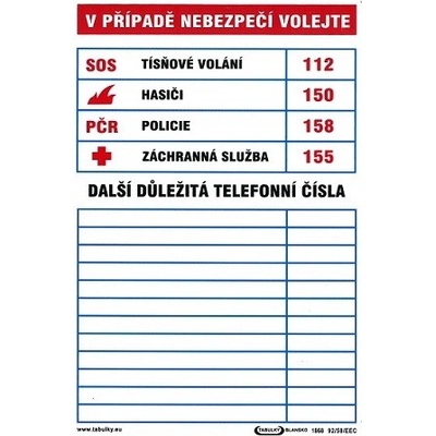 Tabulka důležitých telefoních čísel 210x297mm - plastová tabulka