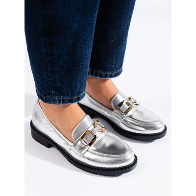 Výborné stříbrné mokasíny dámské na platformě