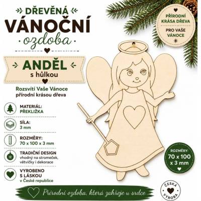 ADVIPO Dřevěná vánoční ozdoba Anděl s hůlkou 70 × 100 mm