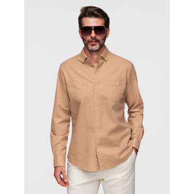 Ombre Clothing Мъжка ленена риза с класически ръб и джобове REGULAR FIT - светло кафяв V7 OM-SHCS-0134 Ombre Clothing Ombre Clothing | Kafyav | МЪЖЕ | S
