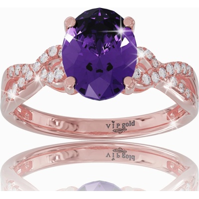 VIPgold Zlatý prsteň s ametystom a bielymi zafírmi v červenom zlate R34410c S