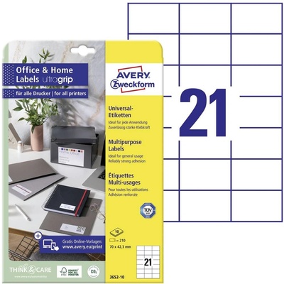 Avery-Zweckform 3652-10 70 x 42.3 mm papier biela 210 ks trvalé univerzálne etikety atrament, laser, kópie
