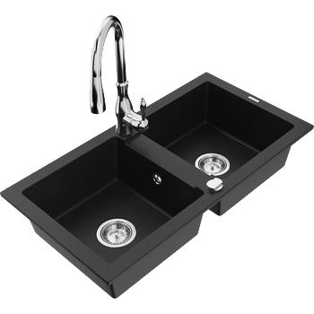 Mexen Mario двоен кухненски гранитен мивка с кухненски смесител Savita, черен - 6504-77-672601-00 (6504-77-672601-00)