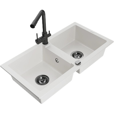 Mexen Mario мивка от гранит с 2 отделения и кухненски смесител Duero, бял - 6504-20-671600-70 (6504-20-671600-70)