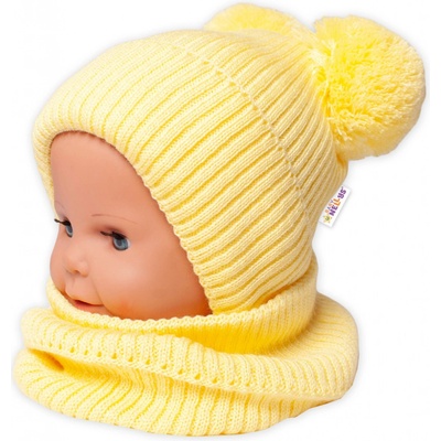 Baby Nellys Zimná pletená čiapka + nákrčník žltá s brmbolcami