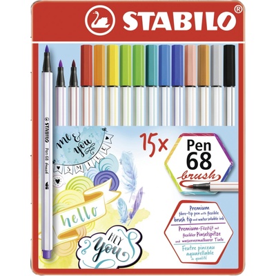 Stabilo Pen 68 brush 15 ks sada v plechu 15 různých barev