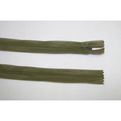 Zips krytý 3mm zelená khaki nedeliteľný 50cm dederon