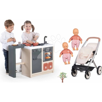 Smoby Set s dvojičkami bábikami v kuchyni Twin Pushchair Sandy Maxi Cosi&Quinny ostrovček s magickými cestovinami