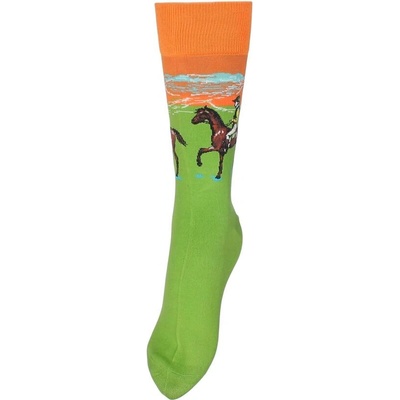 Мъжки памучни чорапи в зелено и оранжево с кон