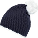 Myrtle Beach MB7964 pletená čepice s kontrastním pruhem a bambulí Tmavě modrá bílá
