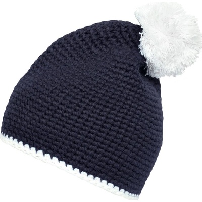 Myrtle Beach MB7964 pletená čepice s kontrastním pruhem a bambulí Tmavě modrá bílá