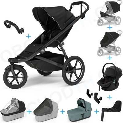 Thule Urban Glide 3 Set 10v1 Black 2024 + madlo + korba Mid blue + pláštěnky a moskytiéry Thule + Autosedačka Thule Maple Black s ISOFIX základnou Thule Alfi a adaptéry