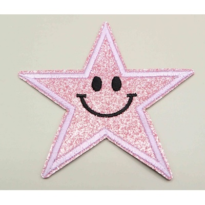 Nažehľovacia záplata - trblietavá hviezda - svetlo ružová - rozmer 8,5 cm x 8,5 cm