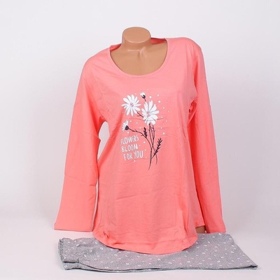 Дамска макси пижама в коралово и сиво с маргаритки