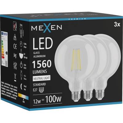 Mexen Vintis 3x LED нажежаема жичка E27, G125, 12W, Неутрална - 4000K, 1560 lm, прозрачен (L158-E27-1240-00x03)