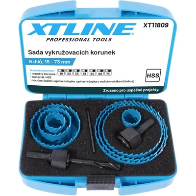 XTLINE Sada vykružovacích korunek 9 dílů | 19-73 mm, plastový box