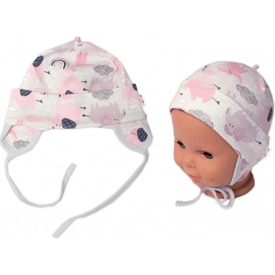 Baby Nellys Bavlnená čiapočka na zaväzovanie Sloníci ružová lem sivý
