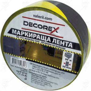 DECOREX ЛЕНТА МАРКИРАЩА САМОЗАЛ. decorex ЗА ПОД И СТЕНИ 50ммх50м ЧЕРНО ЖЪЛТА (43744)