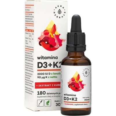 Aura Herbals Kapky s vitamínem D3 2000 IU + K2 + extrakt z kurkumy 30 ml