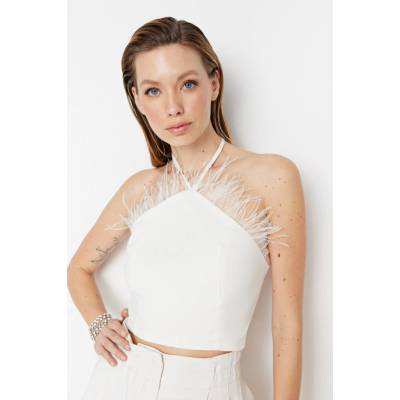Trendyol ecru podšitý tkaný svadobný bustier s strapcami šedá 8683048216859