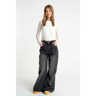 Reporter Young Dívčí černé džíny WIDE LEG s vintage efektem seprání ČERNÁ