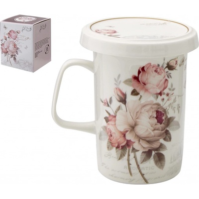 BELLA FIORE Porcelánový hrnček so sitkom a viečkom RÚŽOVÝ 340 ml