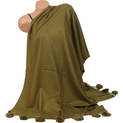 Маслинено зелен кашмирен шал с пухчета