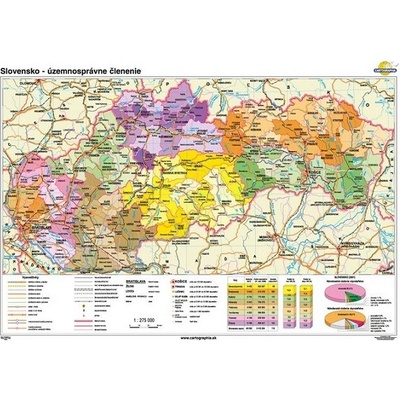 Cartographia Slovensko - územnosprávne členenie (140x100 cm – 1:275000), nástenná, fóliovaná, lištovaná