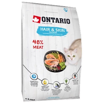 ONTARIO HAIR & SKIN Adult salmon chicken cat food - суха храна за котки, за лъскав косъм и козина, с пилешко месо и сьомга 6, 5 кг, Чехия 213-10177