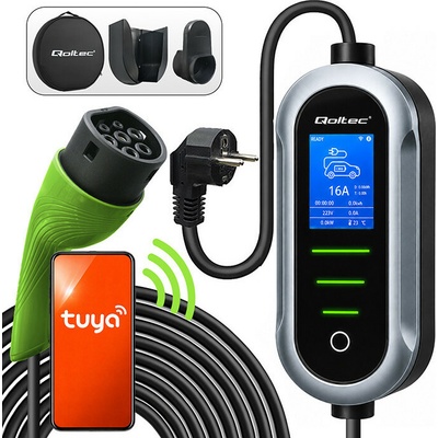 Qoltec EV nabíjačka pre elektromobily s reguláciou 2v1 Typ2 3,5 kW 230 V Wi-Fi TUYA SMART LIFE LCD Prenosná 5 m
